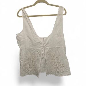 Anthropologie White Boho Embroidered Tie Front Tank Top Size XL